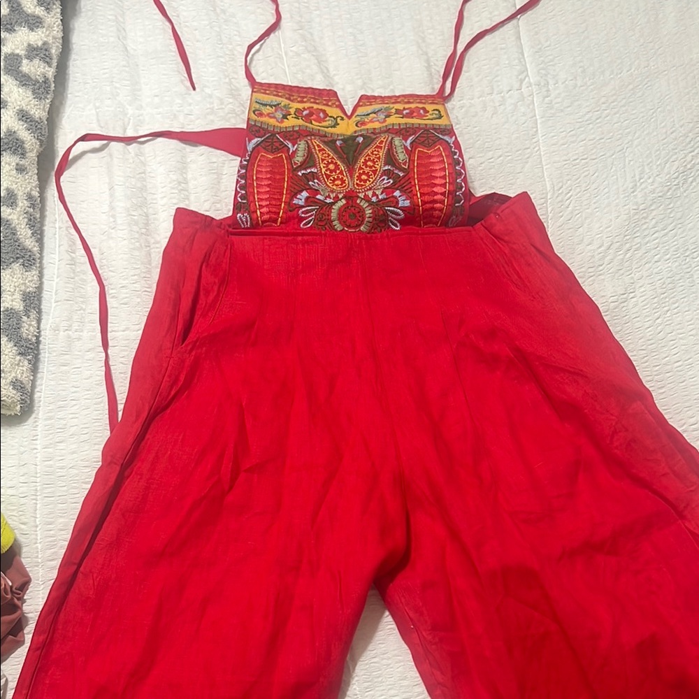 Agua Bendita Red Bohemian Jumpsuit with Embroidered Waistband